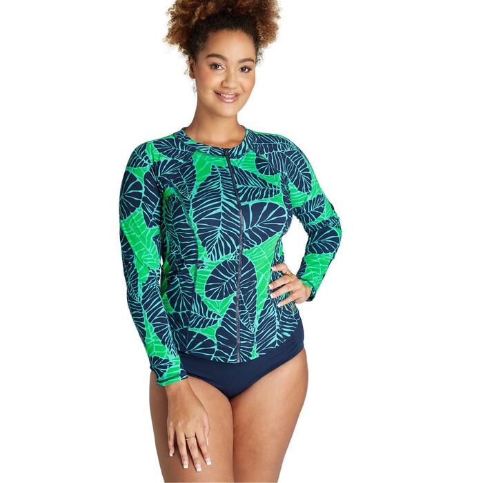 A stunning zip up womens rash vest in a lovely floral print and bust  support. Plus Sizes. Sequins and Sand